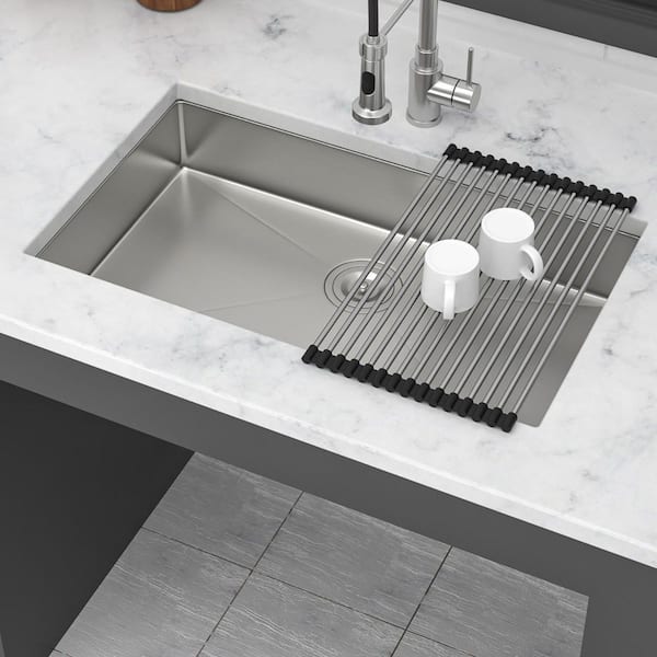 30 in. Undermount ADA Single Bowl 16 Gauge Brushed Nickel Stainless Steel Kitchen Sink with Bottom Grids