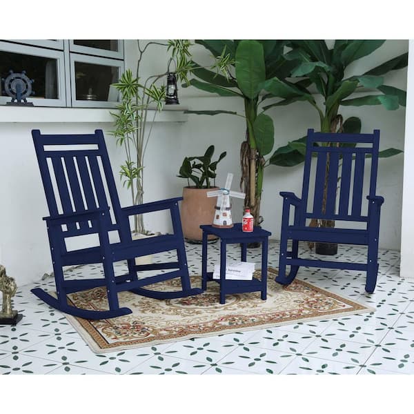 Unbranded 3 Piece Outdoor Rocking Chair Set, Small Patio Furniture Set, Porch Rocker Chairs Conversation Set with Table, Blue