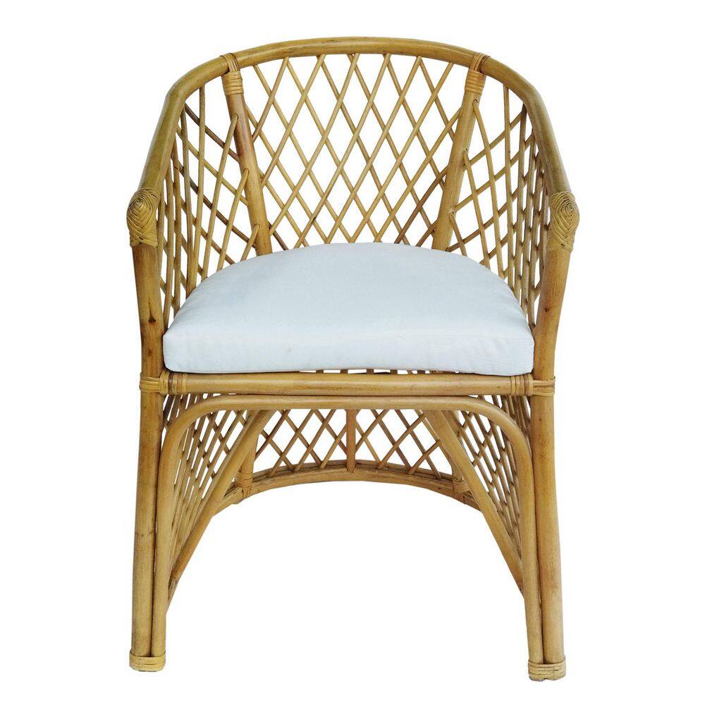 Handcrafted White Cotton Rattan Barrel Accent Chair