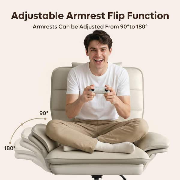 PU Leather Seat High-Back Ergonomic Office Chair in Beige with Adjustable Padded Arms, Swivel Chair with Padded Headrest