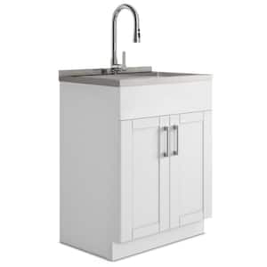Modern Wide Shaker Transitional 28 in. Laundry Cabinet with Faucet and Stainless Steel Sink in White