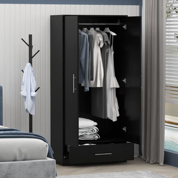 FUFU&GAGA Black 2-Door Wardrobe Armoire with 1-Drawers and Hanging Rod 66.9 in. H x 31.5 in. W x 18.9 in. D