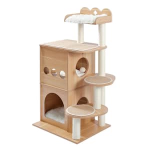 45.4 in. Multi-Level Play Center Wooden Luxury Cloudy Cat Tree with Condos, Staircase, and Plush Sofa for Sunbathing