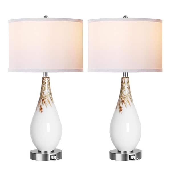 Avex 27.5 in. White Art Glass Dimmable Table Lamps Set with Touch Control and USB Ports (Set of 2)
