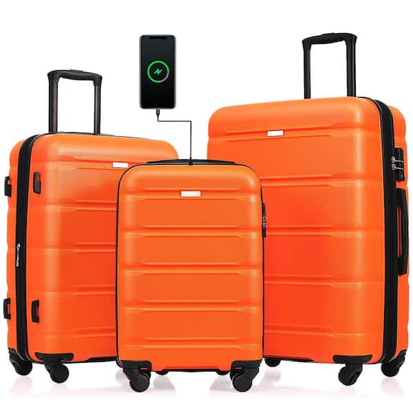 Merax 3-Piece Orange 20 in. 24 in. 28 in. Expandable ABS Hardshell Spinner Luggage Set with TSA Lock, 20 in. with USB Port