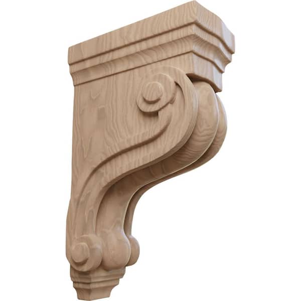 Ekena Millwork 3-3/8 in. x 6-1/2 in. x 10-1/2 in. Unfinished Mahogany Boston Traditional Scroll Corbel