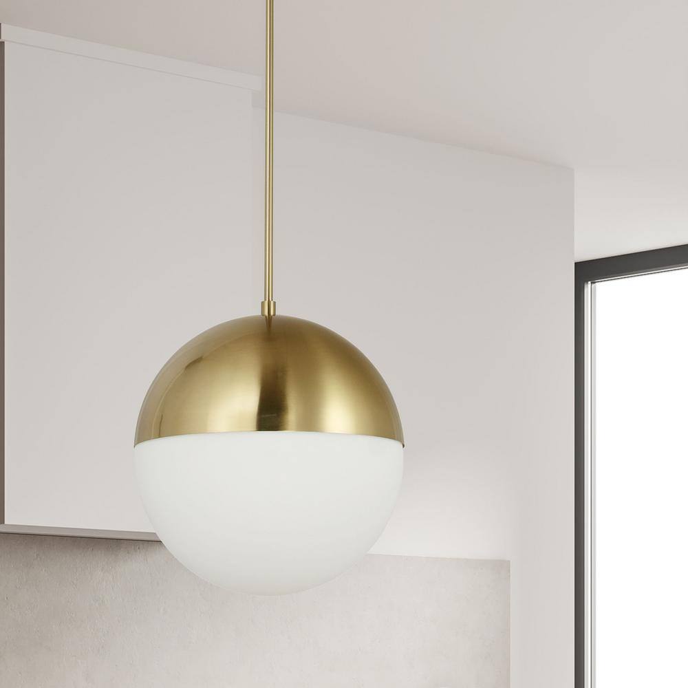 Aged Brass and White Opal Glass Globe Pendant Light
