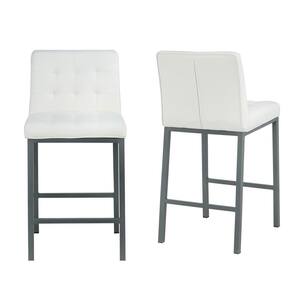 35.80 in. White Low Back Metal Frame 28 in. Bar Stool with PU Seat (Set of 2)