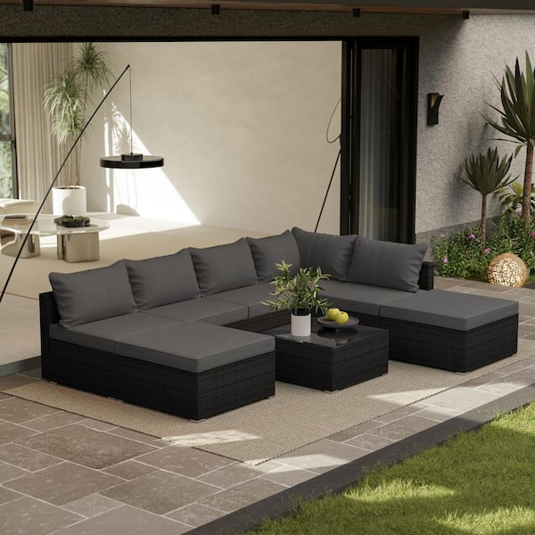 HomeAura 8-Piece Black Wicker Patio Conversation Set with Gray Cushions and Pillows