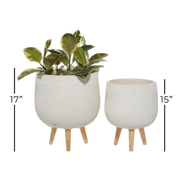 Litton Lane 15 In And 17 In Planters With Stand And Pot For Indoor Plants Round White Set Of 2 The Home Depot