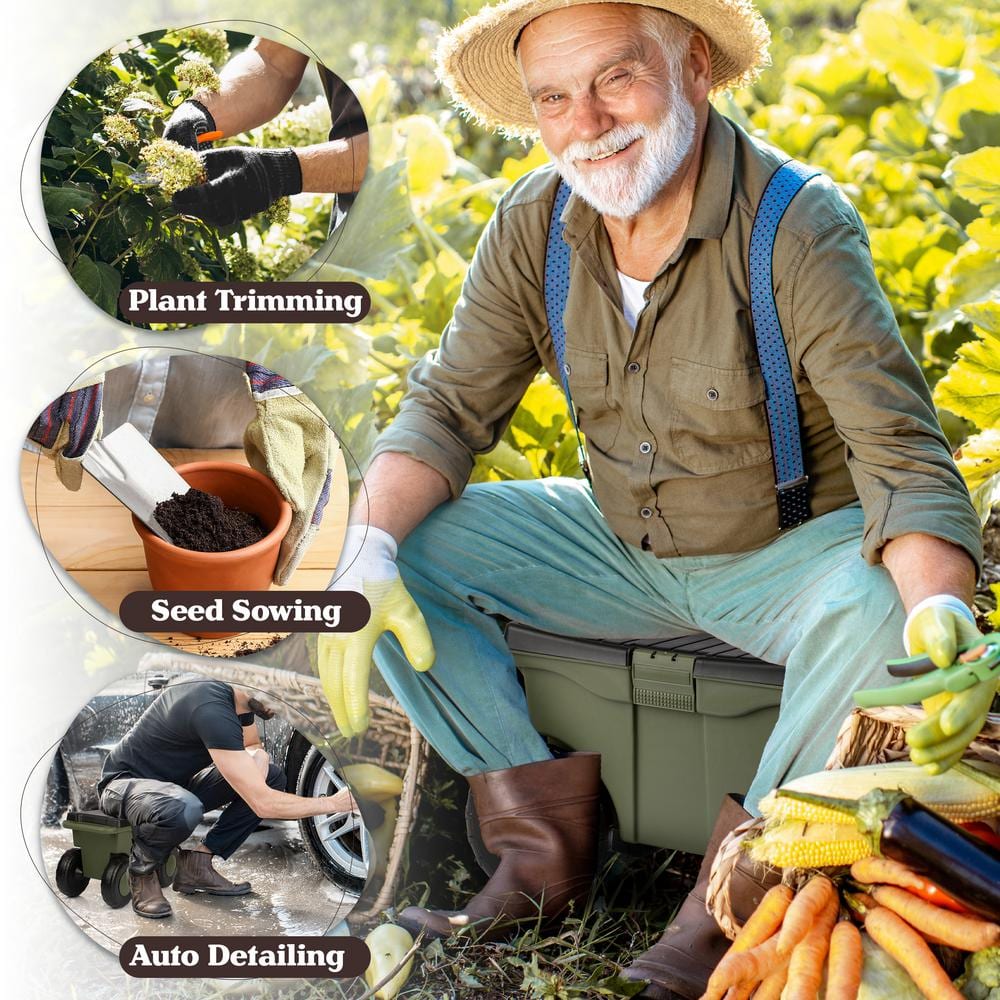 1.89 cu. ft. Green Plastic Rolling Garden Cart with Seat - Storage with Bench and Interior Tool Tray - Gardening Stool