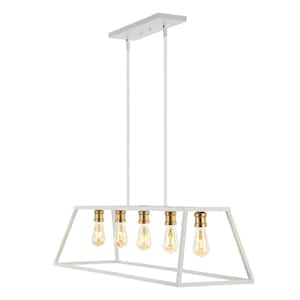 Floyd 38 in. 5-Light White Bohemian Farmhouse Iron Adjustable LED Pendant, Brass Gold