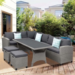 5-Piece Wicker Patio Outdoor Sofa Sectional Set with Dining Table and Gray Cushions