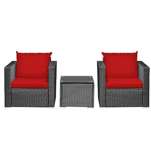 3-Piece Wicker Outdoor Bistro Set with Red Cushion