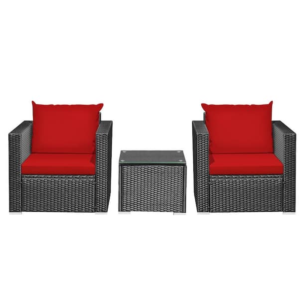 SUNRINX 3-Piece Wicker Outdoor Bistro Set with Red Cushion