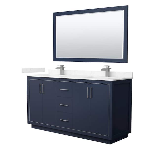 Wyndham Collection Icon 66 in. W x 22 in. D x 35 in. H Double Bath Vanity in Dark Blue with Carrara Cultured Marble Top and 58 in. Mirror