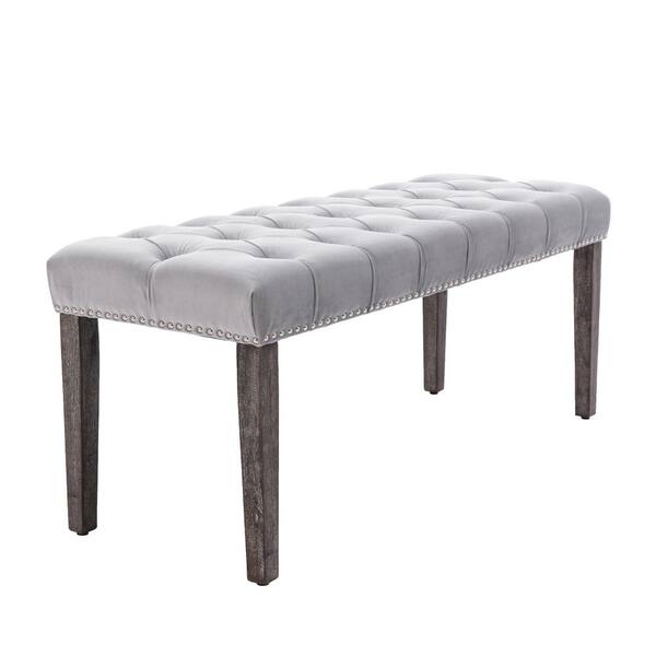 ECOMEX Velvet Storage Bench with 3 Small Footrest Stools, Gray