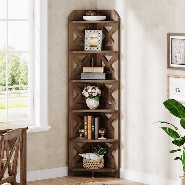 BYBLIGHT 70.87 in. Tall Brown Wooden 6-Shelf Corner Bookcase for Home Office