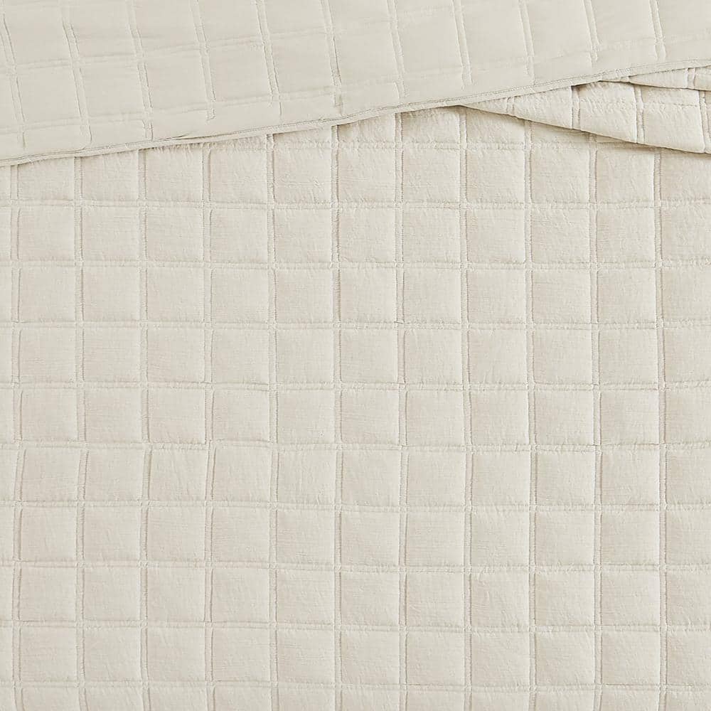 Beige Full Microfiber Quilt Set with Box Stitch Pattern