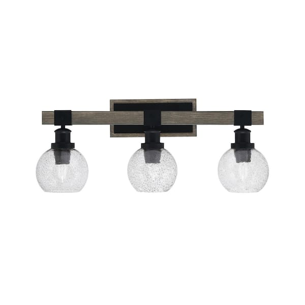 Unbranded Richmond 26.25 in. 3-Light Vanity Light Matte Black and Wood-look Metal with 5.75 in. Smoke Bubble no bulbs included