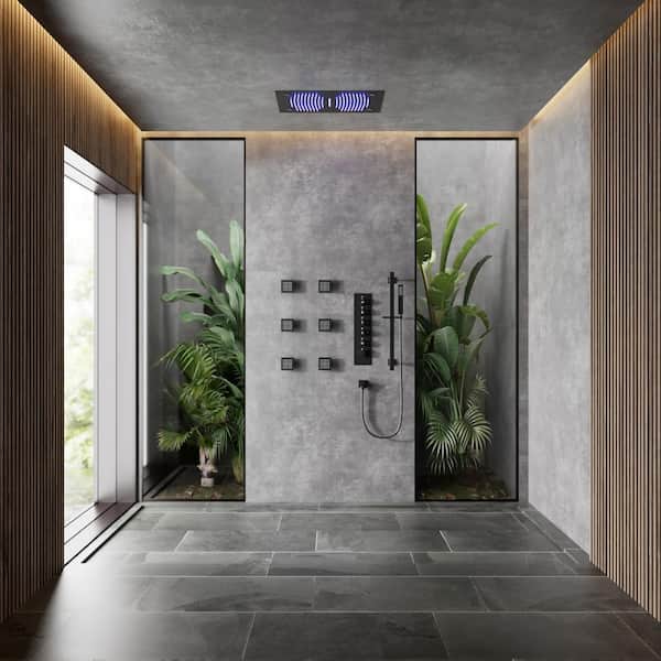 Height-adjustable 31-Spray 27.5 in. Dual Shower Heads Ceiling Mount Fixed and Handheld Shower Head Matte Black