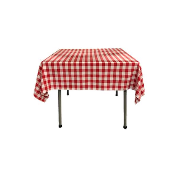 52 in. x 52 in. White and Red Polyester Gingham Checkered Square Tablecloth