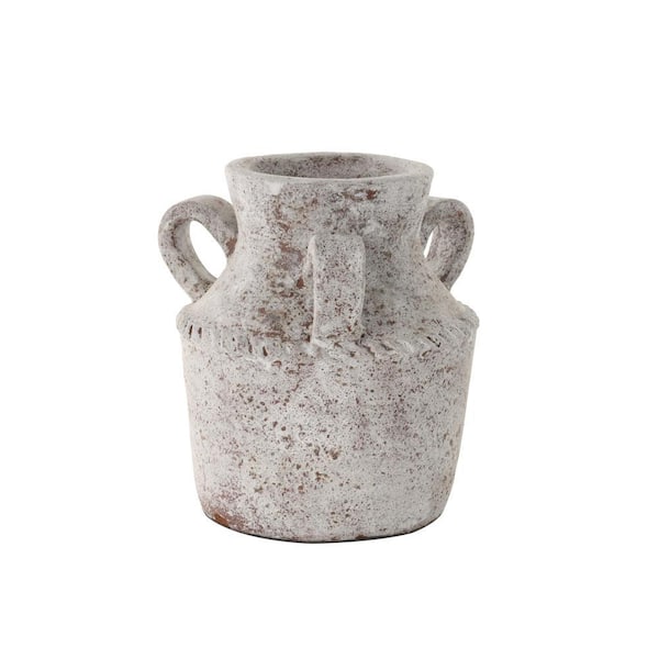 Litton Lane Cream Antique Style Textured Ceramic Decorative Vase with Arched Handles