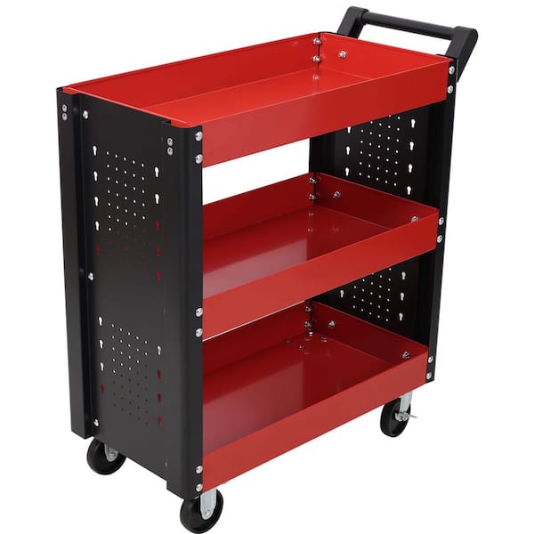 3-Tier Heavy Duty Steel Utility General Use Cart with Pegboard for Repair Shop, Garage, Warehouse, Red