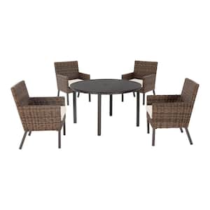 Fernlake 5-Piece Brown Wicker Outdoor Patio Dining Set with CushionGuard Almond Tan Cushions