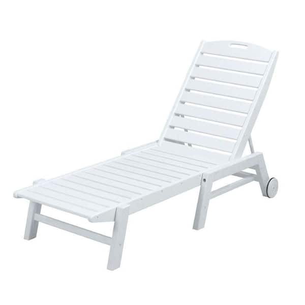 POLYWOOD Nautical White Wheeled Armless Plastic Outdoor Patio Chaise Lounge