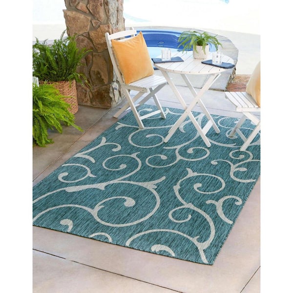 Outdoor Curl Teal Blue 9 ft. x 12 ft. Area Rug