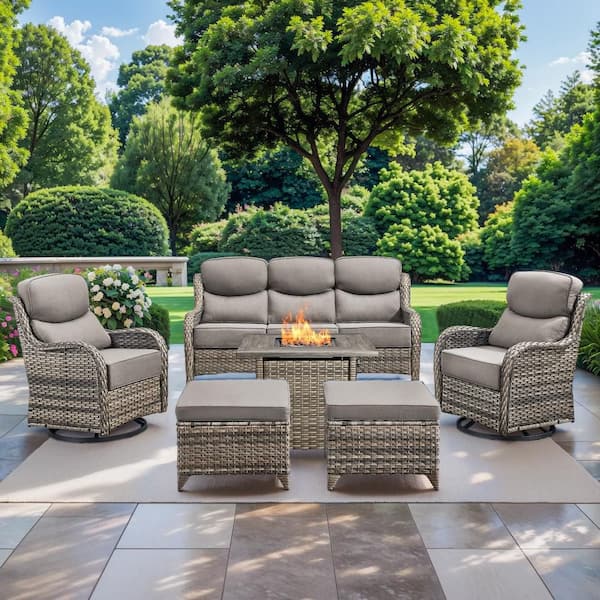 NovaSwivel 6-Piece Gray Wicker Outdoor Patio Fire Pit Conversation Set with Gray Cushions and Swivel Rocking Chairs