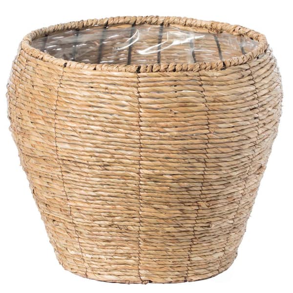 Vintiquewise Large Woven Cattail Leaf Round Flower Pot Planter Basket with Leak-Proof Plastic Lining