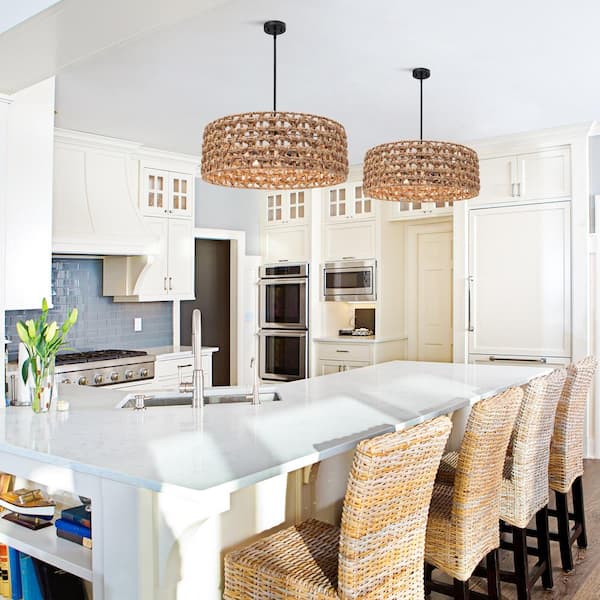 Modern 5-Light Brown Natural Rattan Drum Chandelier with Matte Black Hardware and No Bulbs Included