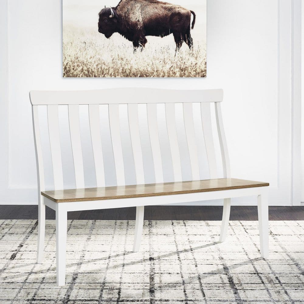 White and Natural Wood Slat-Back Dining Bench