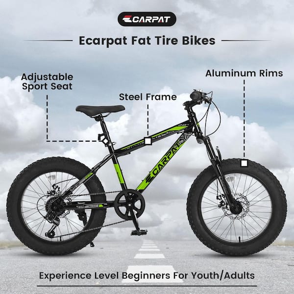 20 in. Fat Tire Bike Adult/Youth Full Shimano 7-Speed Mountain Bike in Green