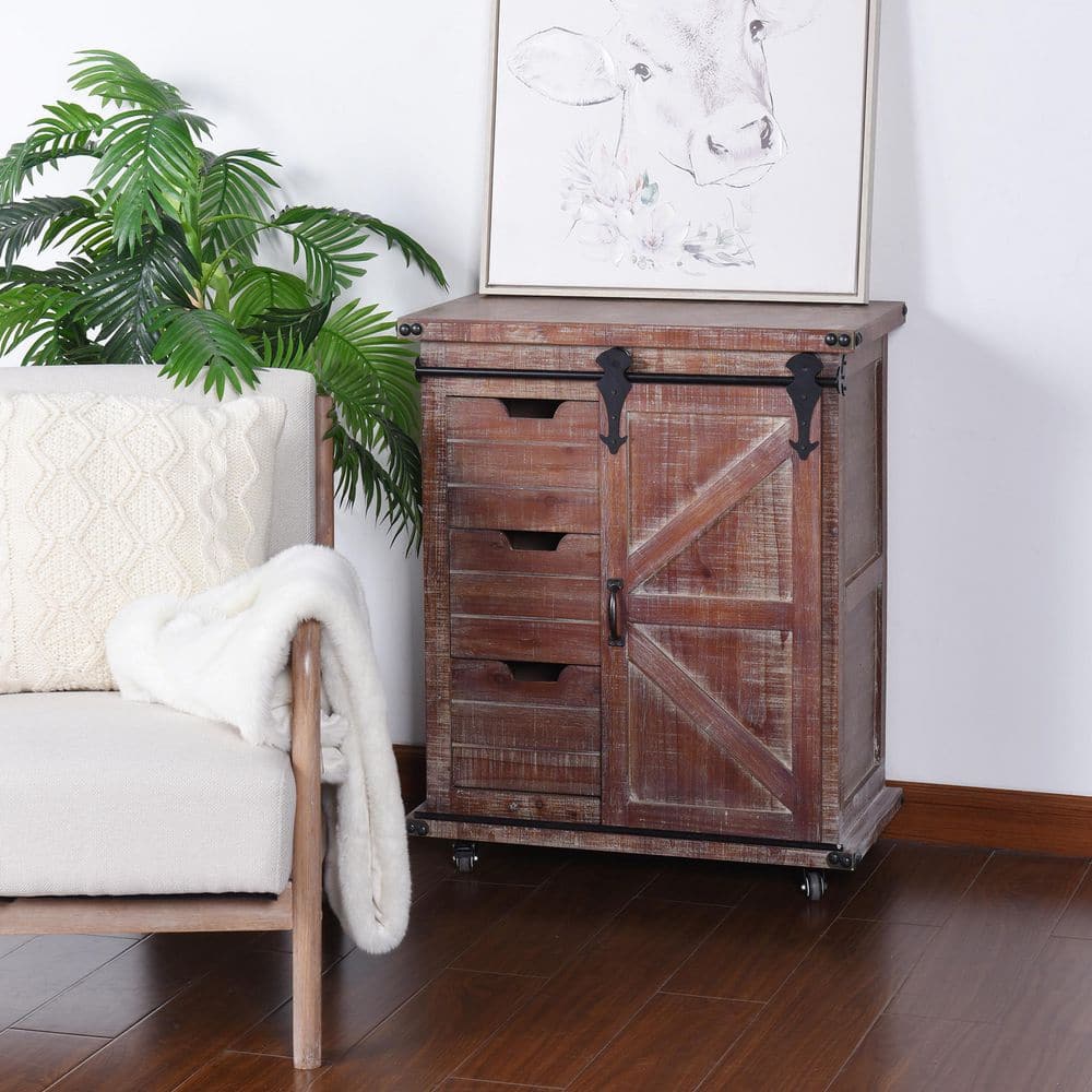 Rustic Black and Natural Wood Lockable Cart Cabinet