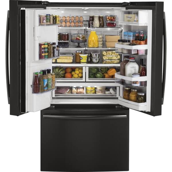 Ge Profile 22 2 Cu Ft French Door Refrigerator With Hands Free Autofill In Black Stainless Steel Counter Depth Pye22kblts The Home Depot