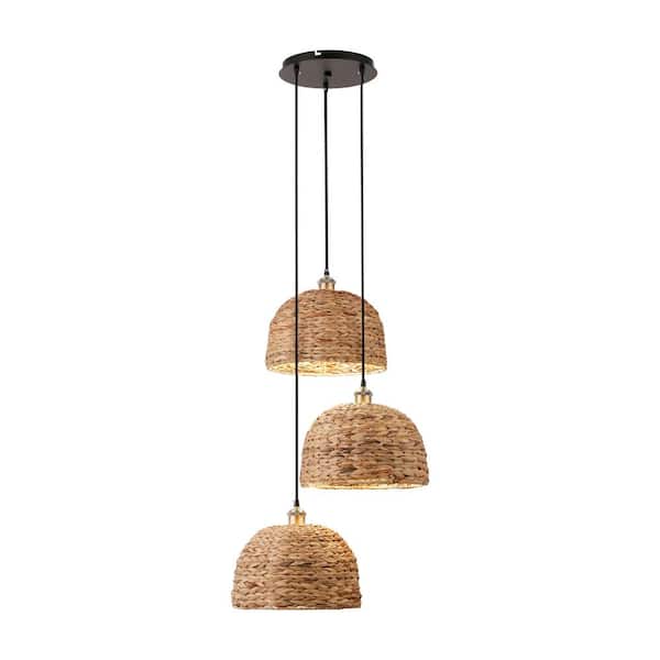 Unbranded Lydia 60-Watt 3-Light Black Rustic Pendant Light with Natural Rattan Woven Shades, No Bulbs Included