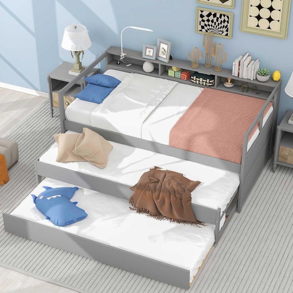 Gray Twin Daybed with 2 Trundles, 3 Storage Cubbies, 1 Light and USB
