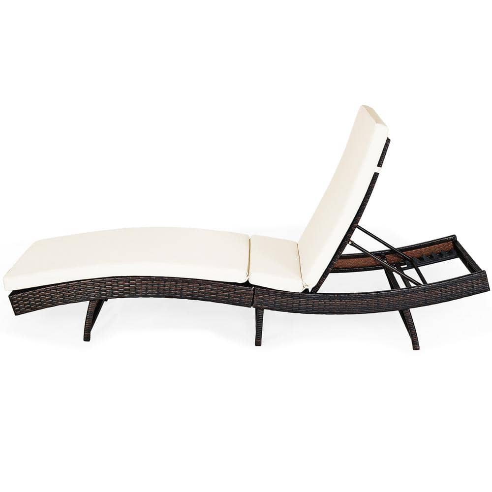 Adjustable White Cushioned Rattan Folding Chaise Lounge Chair