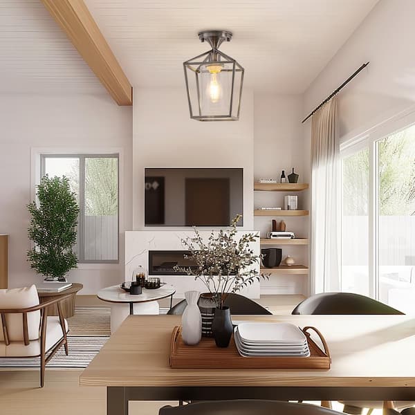 7 in. 1-Light Nickel Semi Flush Mount Ceiling Light, Farmhouse Retro Cage Kitchen Lighting Fixtures with Glass Shade