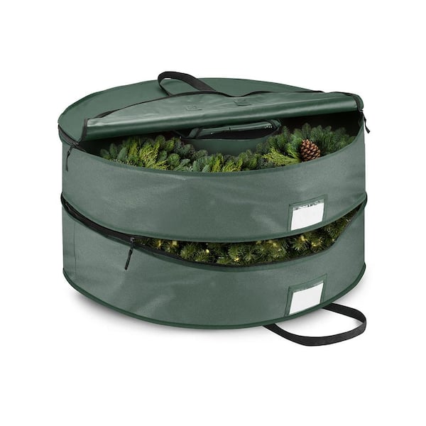 OSTO 30 in. Green Double Christmas Wreath Storage Bag Holder 600D Oxford, Pouch for Garlands Artificial Wreaths Storage