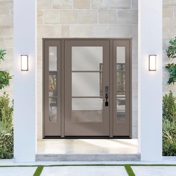 Legacy 68 in. x 80 in. Icon 3 Lite Modern Clear Glass LHIS Kindling Mahogany Fiberglass Prehung Front Door Dbl 14 in. SL