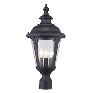 Commons 3-Light Black Outdoor Lamp Post Light Fixture with Seeded Glass
