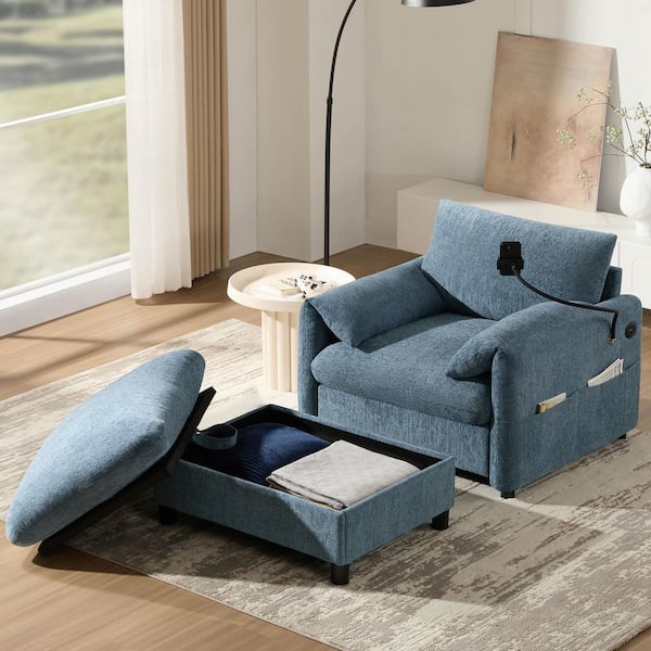 Blue Chenille Arm Chair with Storage Ottoman, Adjustable Phone Holder, Dual-Port Charger and Storage Pockets