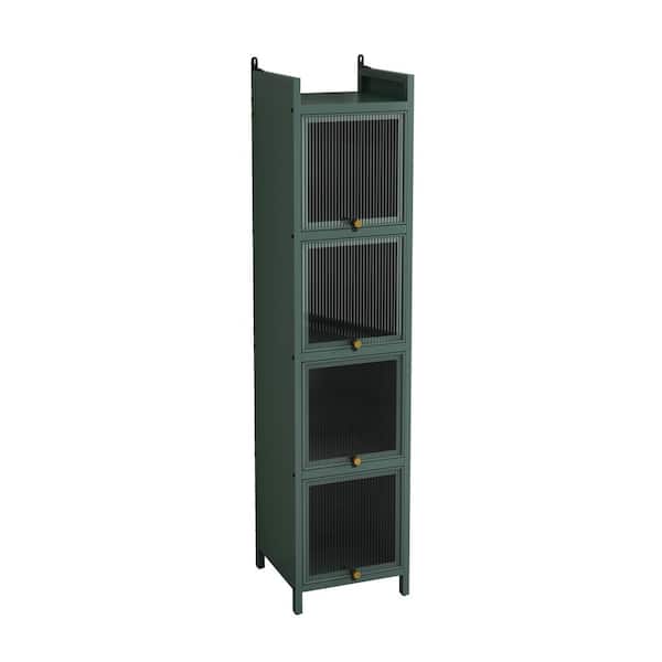 13.78 in. W x 14.17 in. D x 60.62 in. H Green Iron Freestanding Linen Cabinet with 4 Glass Doors