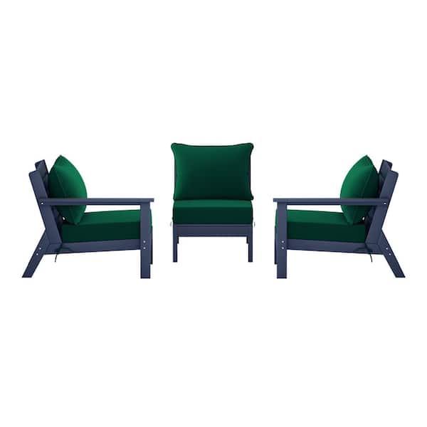 Birchwood Navy Blue Arrangeable 3-Piece HDPE Deep Seating Outdoor Patio Conversation Sofa Armchair Set w/Green Cushions