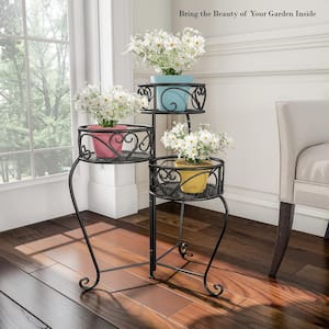 3-Tier Black Metal Decorative Folding Plant Stand Display with Laser Cut Shelves