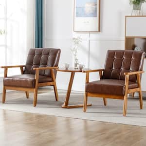 Modern Dark Brown 3-Pieces PU Faux Leather Upholstered Accent Chairs Set of 2 with Round Side Table Wood Armchairs